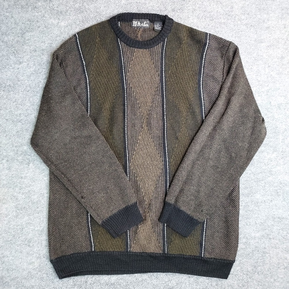 Vintage D'Avila Sweater Mens 3XL Brown Black Striped Acrylic Wool Knit 80s 90s